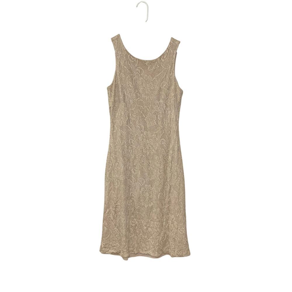 VTG 90s Harlow Nites Gold Sleeveless Lace Midi Dress Sz 14 Large Sparkly Stretch